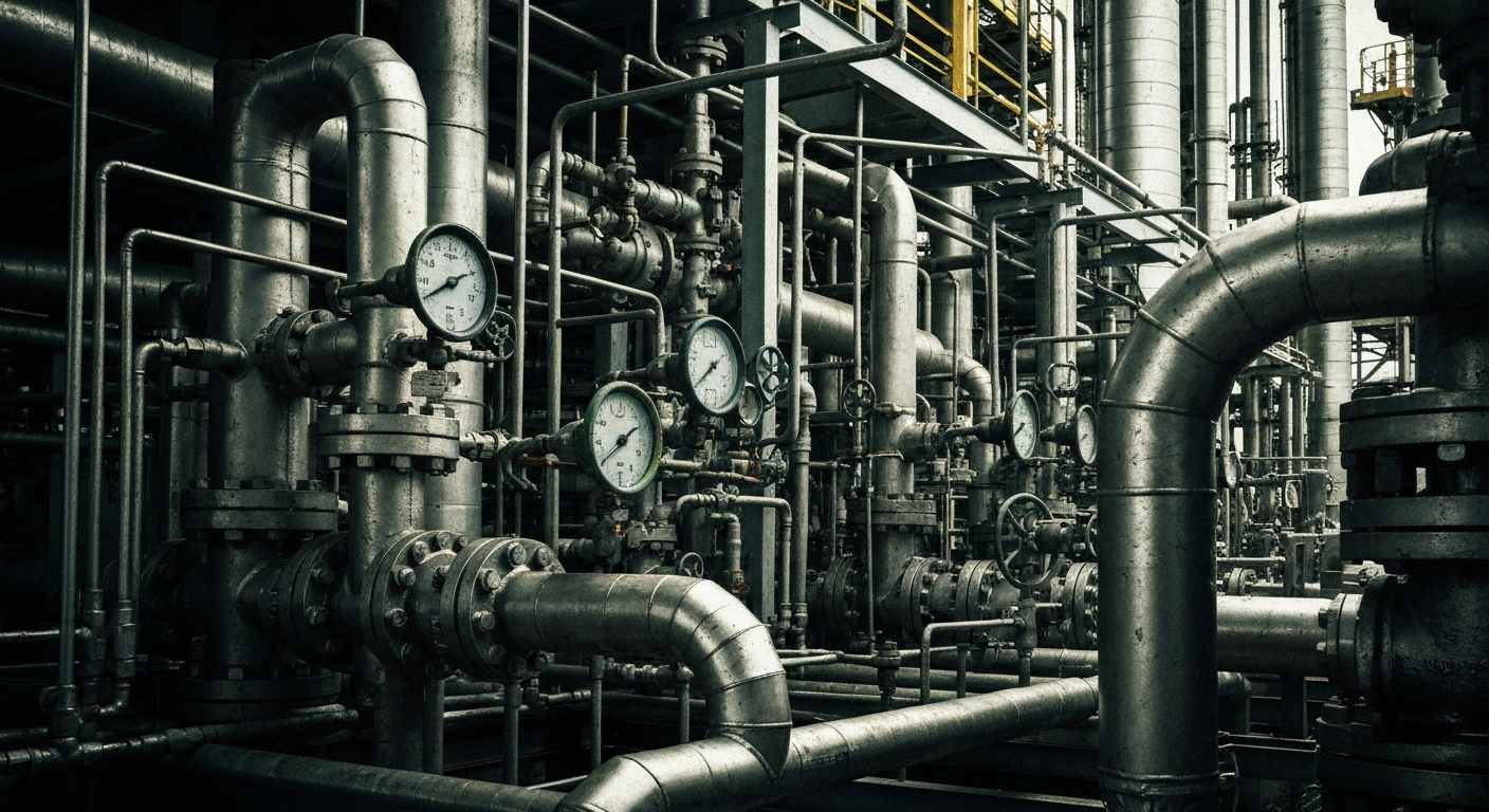 A cinematic close-up of the intricate machinery and pipes of a Chevron oil refinery, conveying the company's industrial might and financial security in the energy sector.