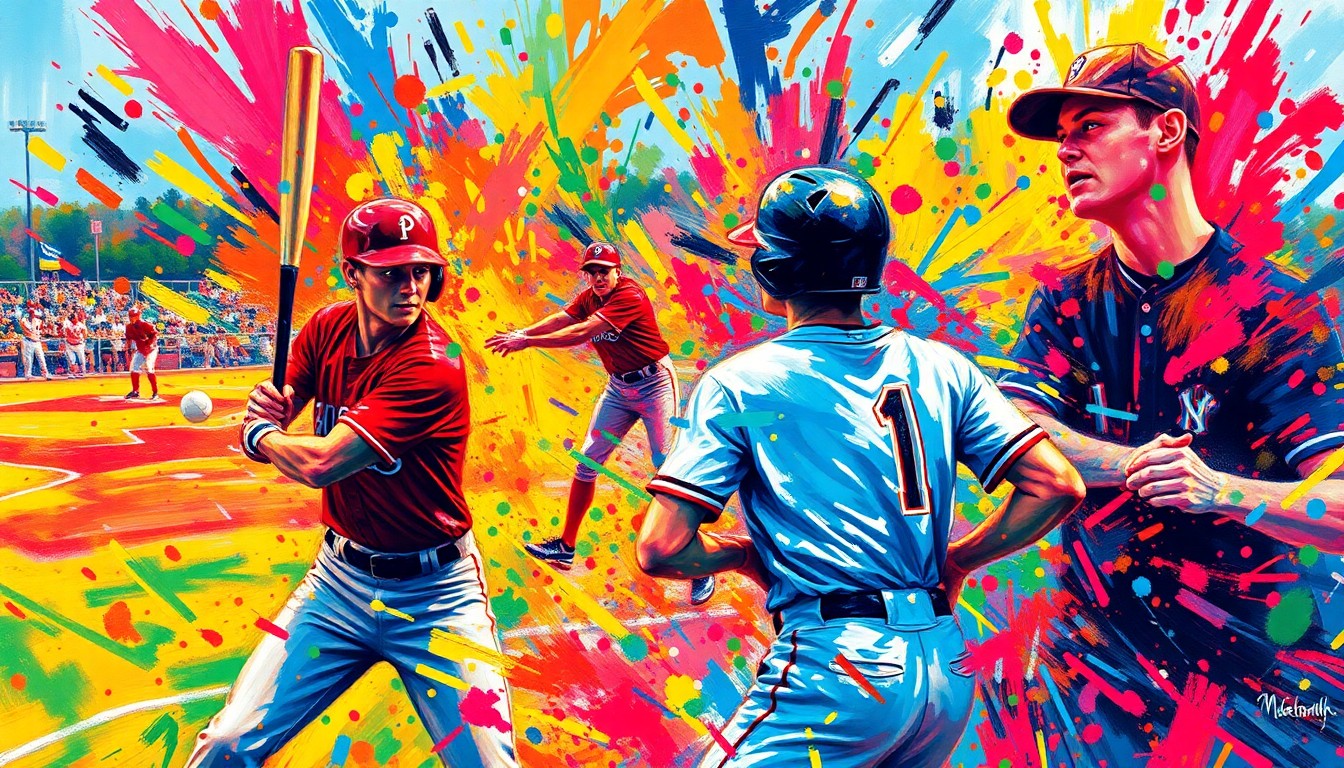 An abstract, expressionist painting in vibrant neon colors, capturing the energy and motion of a high school baseball game with players' forms dissolving into energetic brushstrokes.