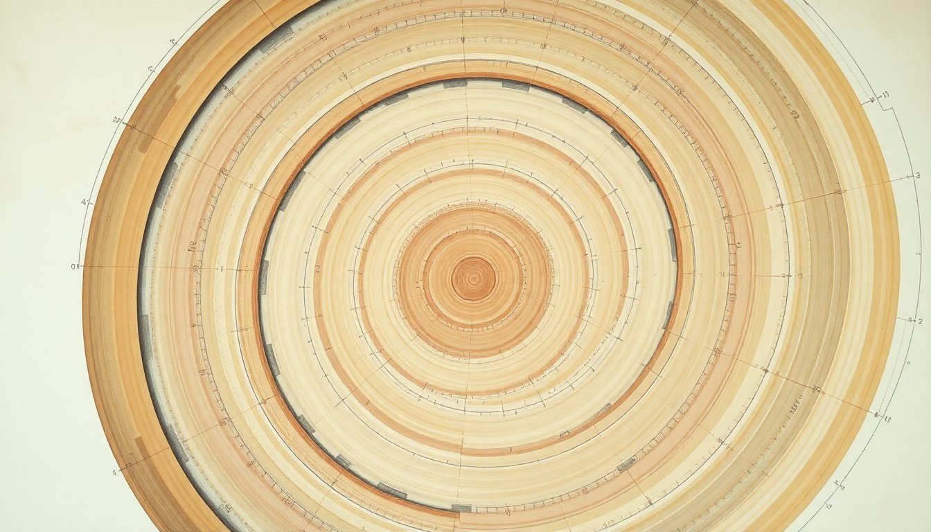 A highly structured abstract painting in muted earth tones, featuring sweeping geometric arcs, concentric circles, and precise geological spirals, visually representing the complex engineering and geological challenges of the Onkalo nuclear waste disposal facility.