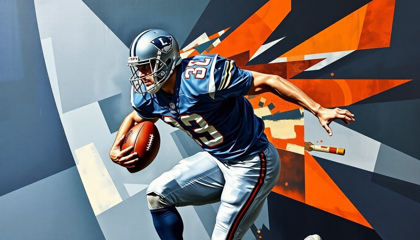 A cubist-style painting depicting a football player in mid-motion, with their body broken down into sharp, overlapping geometric shapes in navy blue, silver, and burnt orange tones, conveying the dynamic and strategic nature of the Lions' pursuit of the star defensive end.