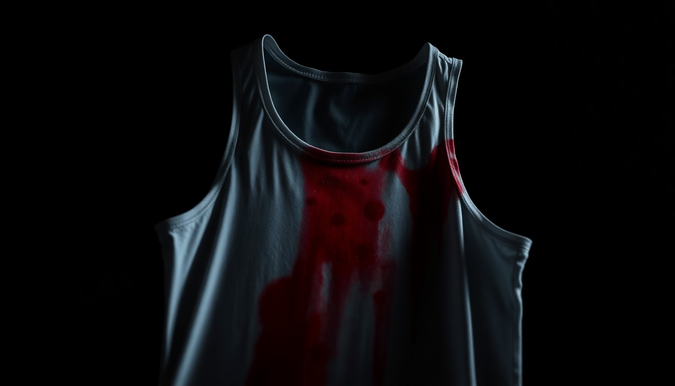 An extreme close-up of a blood-stained white tank top, conceptually representing the weapon used in a violent crime.