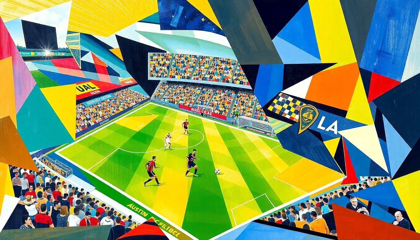 A cubist, geometric painting depicting the action and energy of a soccer match between Austin FC and LA Galaxy, with the players and field fragmented into overlapping planes of color.
