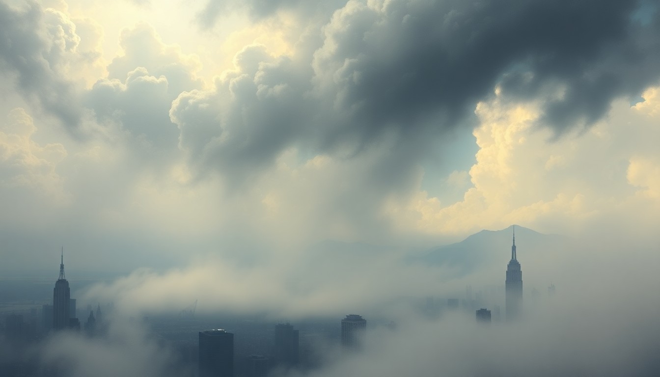 A vast, atmospheric landscape painting in muted tones of gray, blue, and white, depicting the silhouettes of tall buildings and skyscrapers barely visible through a thick, fog-like haze, dwarfed by the overwhelming scale of the stormy, dramatic sky above.