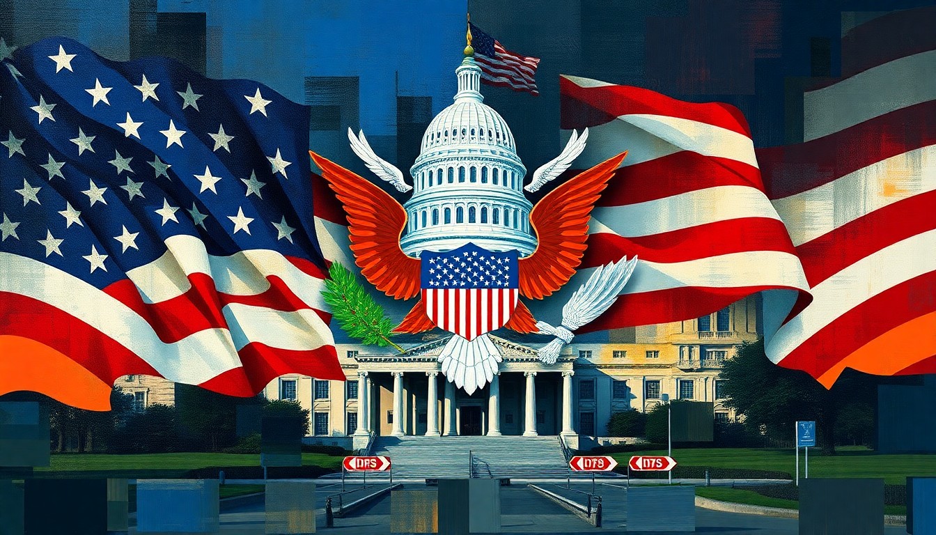 A fractured, abstract painting of a government building or symbol in bold, clashing colors, conveying a sense of political upheaval and shifting power dynamics.