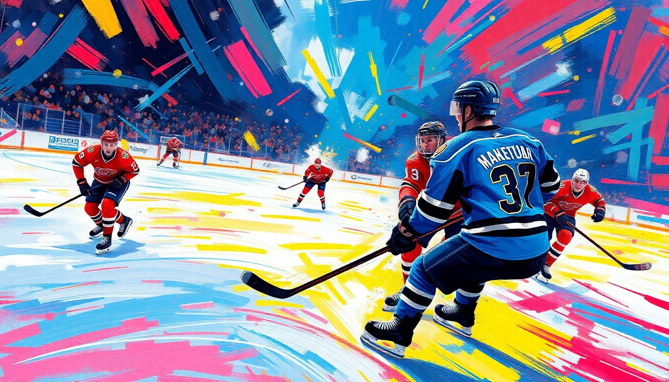 An abstract, energetic painting featuring hockey players in motion, with vibrant neon colors and expressive brushstrokes capturing the dynamic nature of the sport.