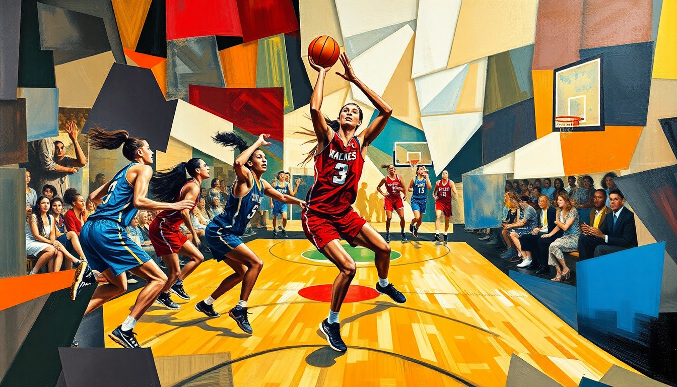 A fractured, cubist-style painting depicting the intense action and physicality of a women's basketball game, with players' forms broken down into sharp, overlapping geometric shapes and planes in a vibrant color palette.