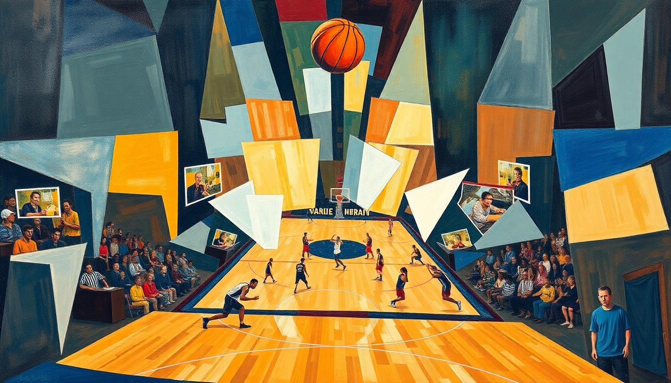 A cubist-style painting depicting a fragmented, geometric representation of a college basketball game, with overlapping planes and shapes that obscure any recognizable players or court details, symbolizing the disruptive impact of the transfer portal on team composition and continuity.