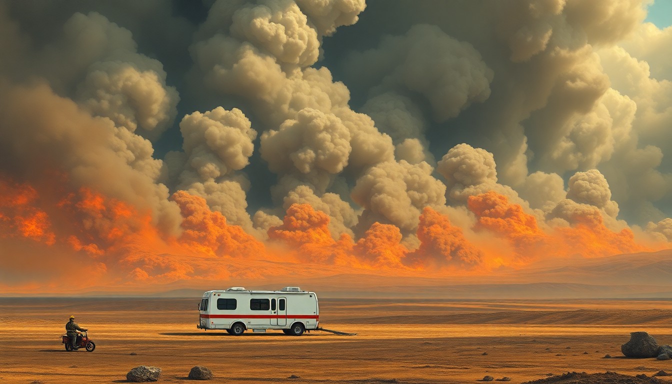 A sweeping, atmospheric landscape painting in muted tones of gray, brown, and orange, depicting a small mobile fire station dwarfed by towering plumes of smoke and ash billowing across a scorched, desolate horizon, conveying the overwhelming scale and power of the recent wildfires.