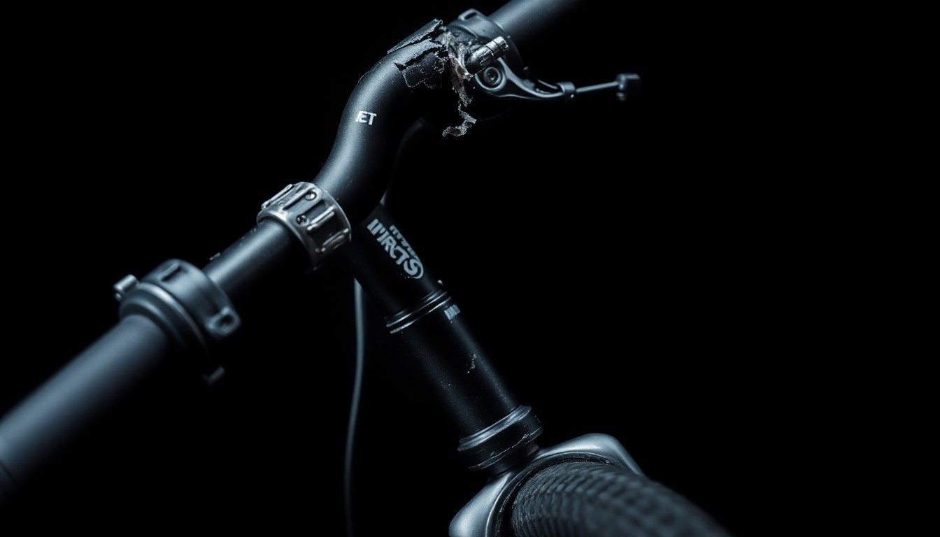 An extreme close-up photograph of a damaged e-bike component, such as a twisted handlebar or cracked frame, lit by a harsh, direct camera flash against a pitch-black background, conveying a stark, gritty, investigative aesthetic.