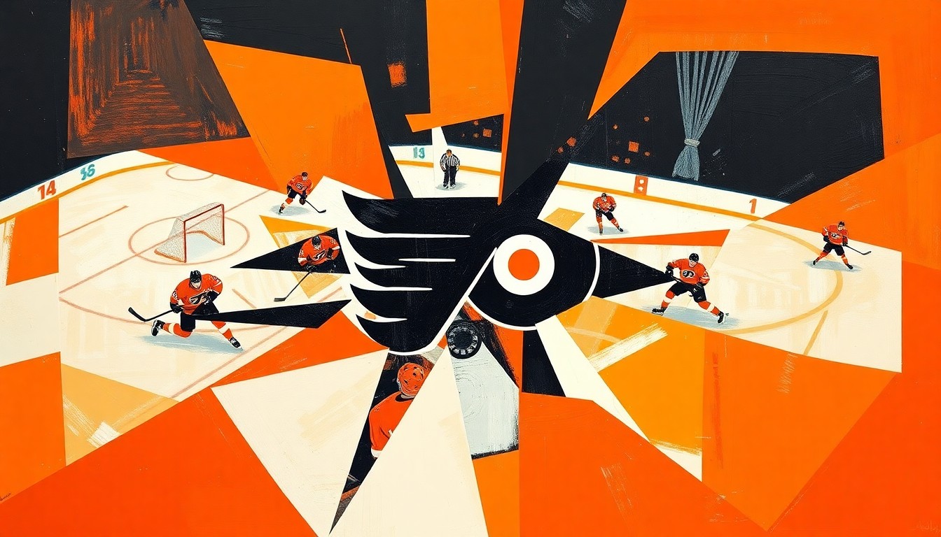 A cubist, geometric painting depicting a fragmented hockey game scene, with sharp, overlapping planes of orange, black, and white colors, conveying the intricate nature of the Flyers' rebuilding efforts.