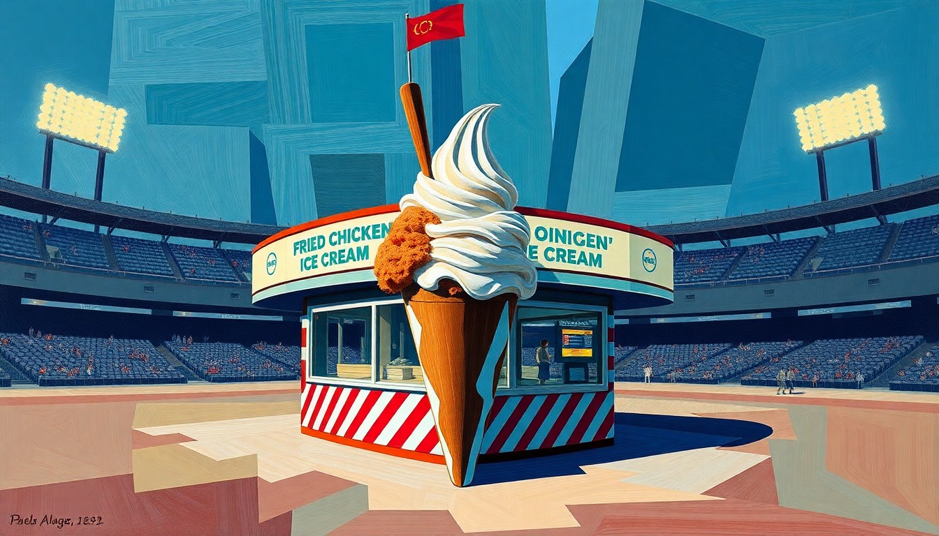 A fragmented, geometric painting depicting a baseball stadium concession stand selling fried chicken-flavored ice cream, capturing the contrast between the traditional and the novel.