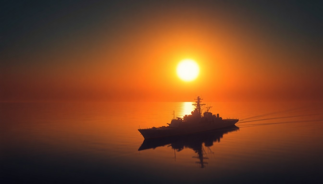 A serene painting of a US Navy warship silhouetted against an orange sunset, reflecting the tense geopolitical situation between the US and Iran.