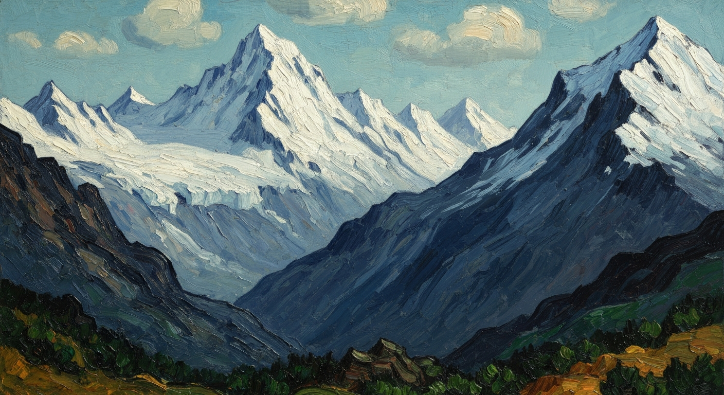 A sweeping, textured oil painting landscape in the style of Vincent Van Gogh, depicting a remote, snow-covered mountain range with towering peaks and deep, shadowy valleys. The brushstrokes are thick and expressive, conveying the raw power and beauty of the untamed wilderness.