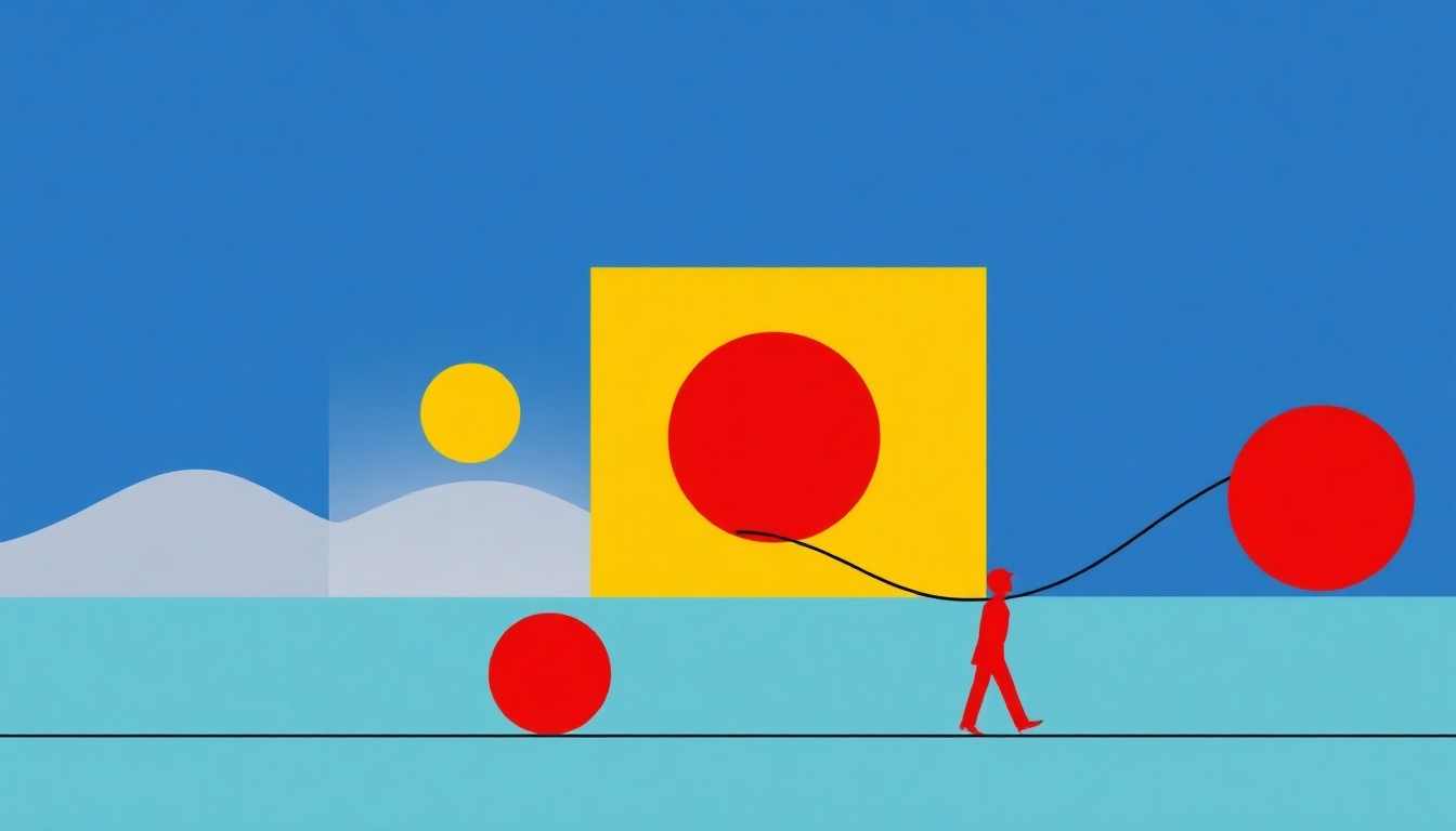 A vibrant abstract illustration featuring overlapping triangles and circles in shades of red, blue, and yellow, conceptually representing the complex and shifting consumer sentiment around inflation during a period of geopolitical instability.