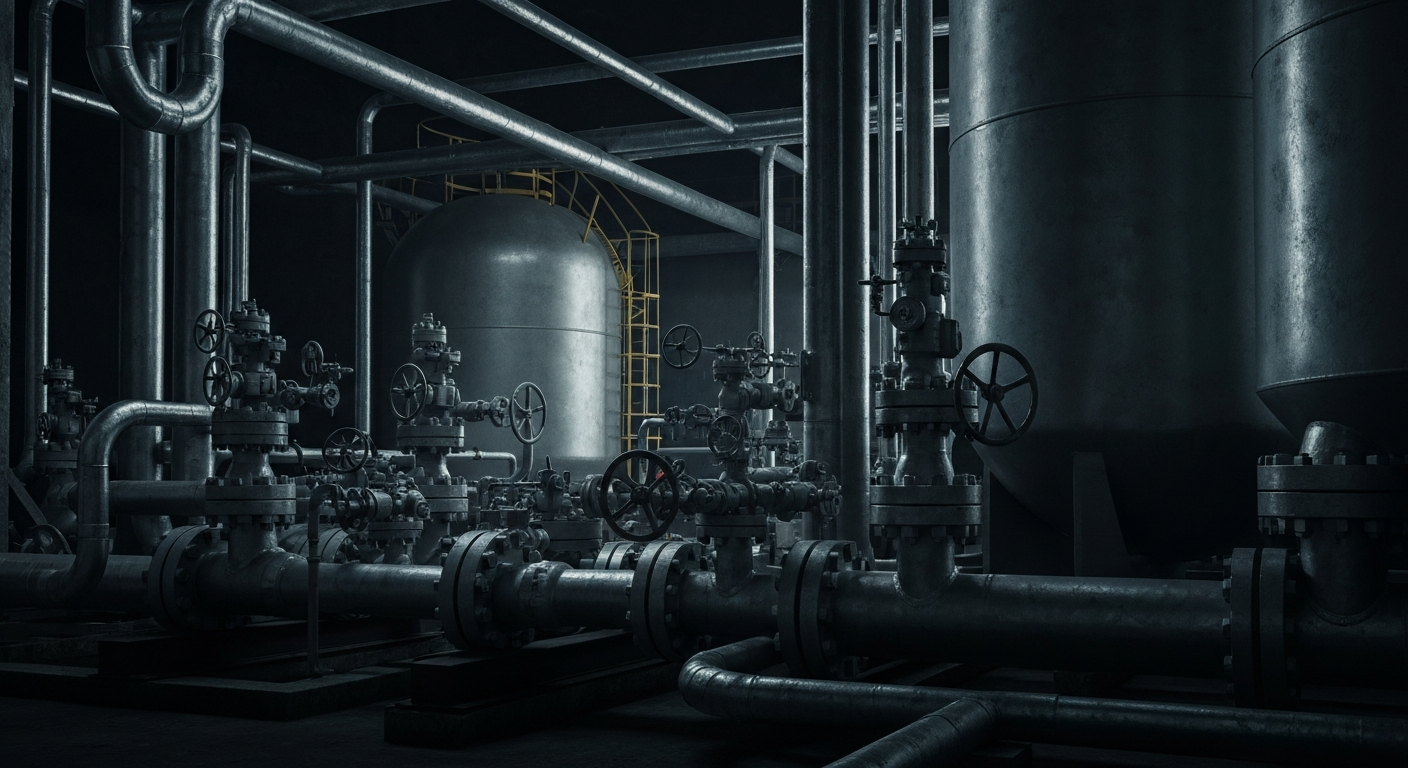 An extreme close-up of industrial oil and gas infrastructure equipment like pipelines and storage tanks, dramatically lit to convey the essential yet vulnerable nature of the global energy supply chain.