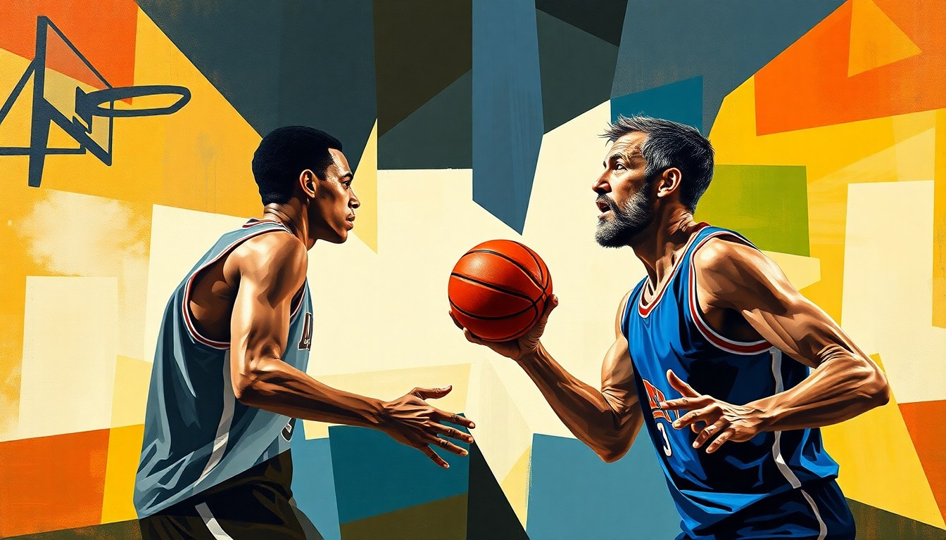 A fragmented, geometric painting depicting the dynamic motion and energy of a basketball game between a father and son, with their faces and bodies deconstructed into sharp, overlapping planes of color.