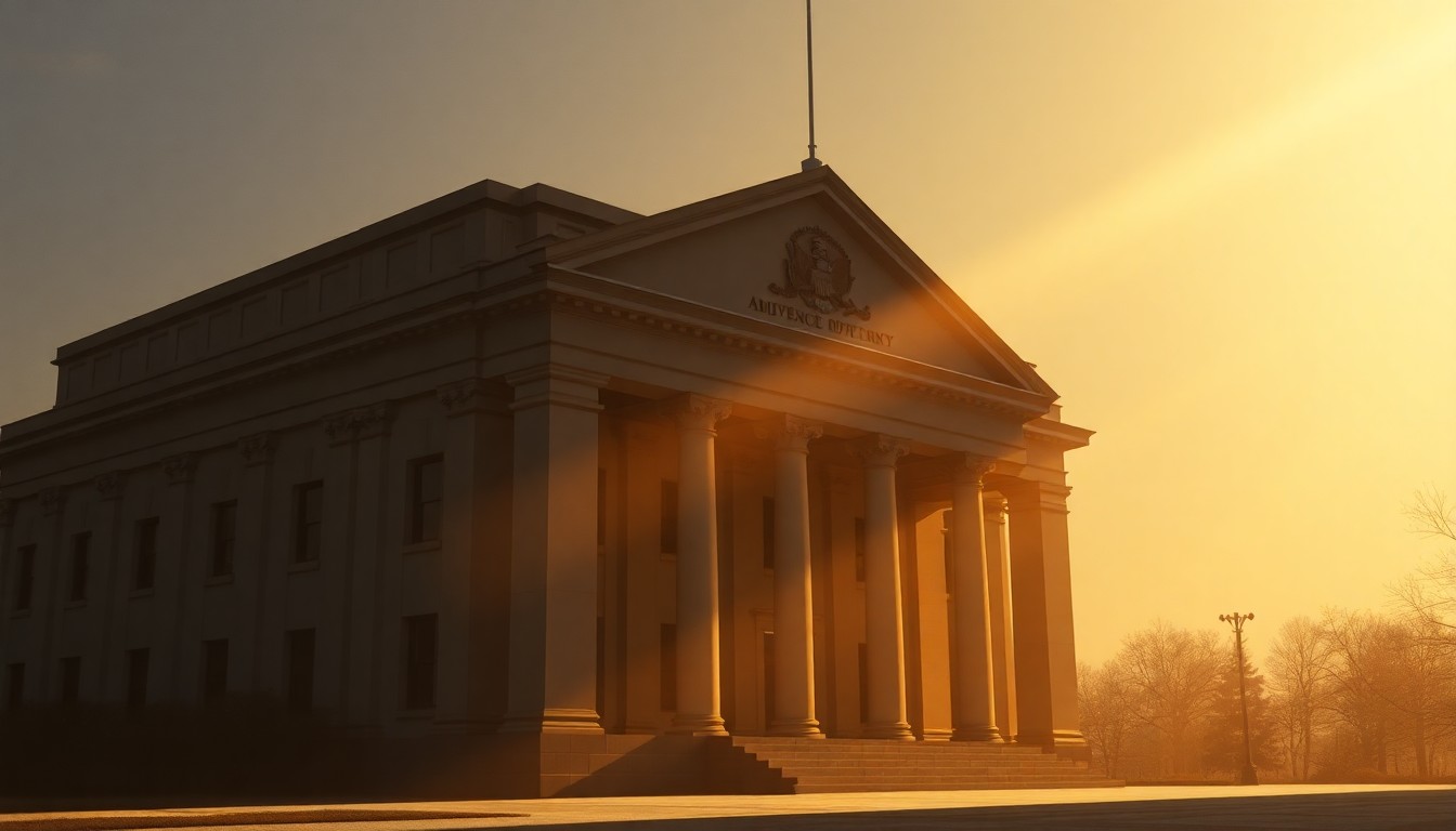 A quiet, cinematic painting of a solitary government building, its facade bathed in warm, diagonal sunlight and deep shadows, conveying a sense of political gridlock and bureaucratic isolation.