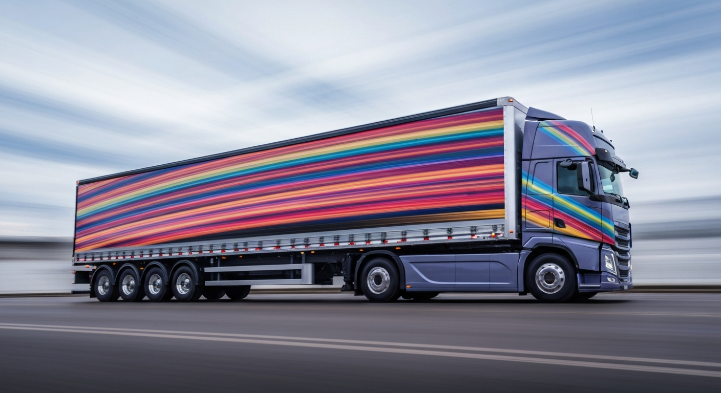 An abstract, motion-blurred image of a large electric semi-truck, its form reduced to vibrant streaks of color that convey a sense of speed, power, and the technological evolution of the freight industry.