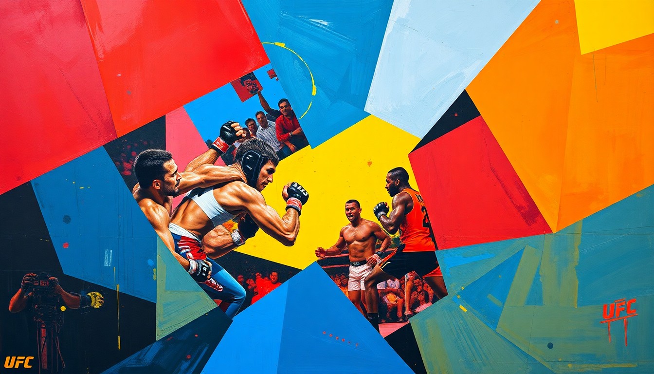A cubist, geometric painting depicting a fractured, multi-angled scene of two UFC fighters engaged in a tense confrontation, with sharp planes of vibrant red, blue, and yellow colors.