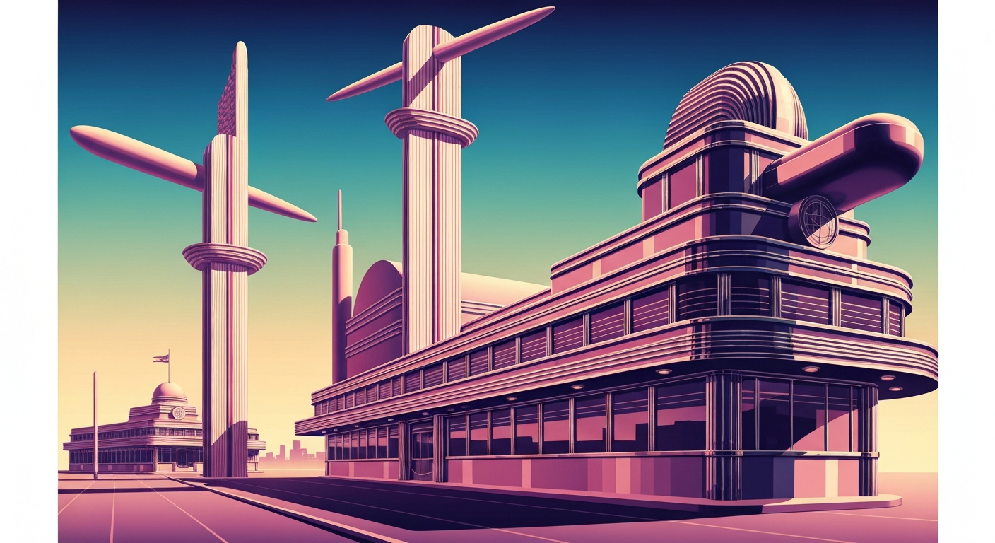 A highly stylized, geometric illustration depicting the sweeping, streamlined exterior of a classic American diner, rendered in bold, airbrushed gradients of warm, earthy tones that capture the nostalgic, celebratory spirit of the Park Diner's 50-year history.