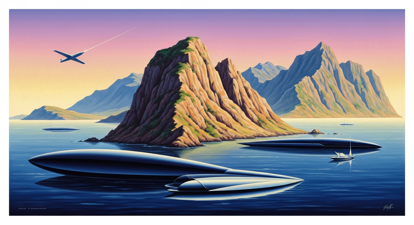 A highly stylized, geometric illustration depicting the rugged, mountainous landscape of Catalina Island, with sweeping, smooth airbrushed gradients and towering, forced perspectives, capturing the grand scale and romance of travel in a conceptual way without any literal depiction of the plane crash or its aftermath.