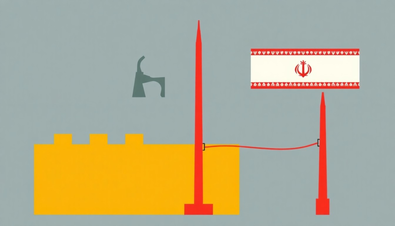 A minimalist, abstract illustration composed of bold geometric shapes in shades of red, blue, and yellow, conceptually representing the disruption in global oil markets caused by the conflict between Iran and Saudi Arabia.