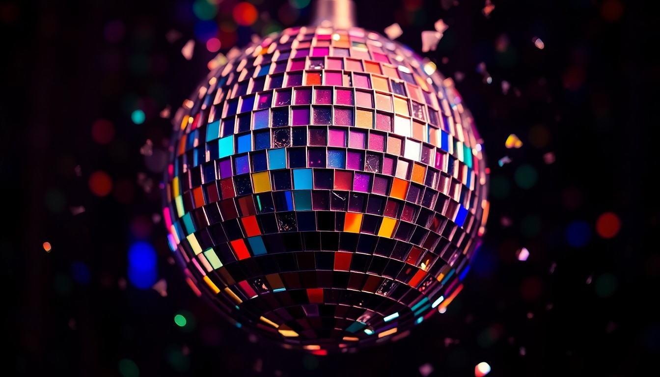 An abstract close-up photograph of a shattered disco ball reflecting a dazzling array of colorful light, symbolizing the glitz and glamour of the entertainment industry.