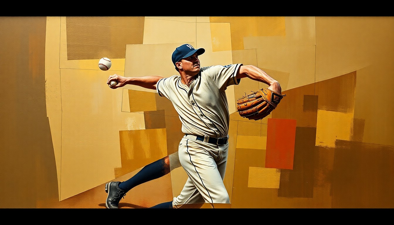 A fragmented, geometric painting depicting a baseball pitcher's throwing motion, with sharp, overlapping planes of muted earth tones conveying the intricate physical demands of the sport.