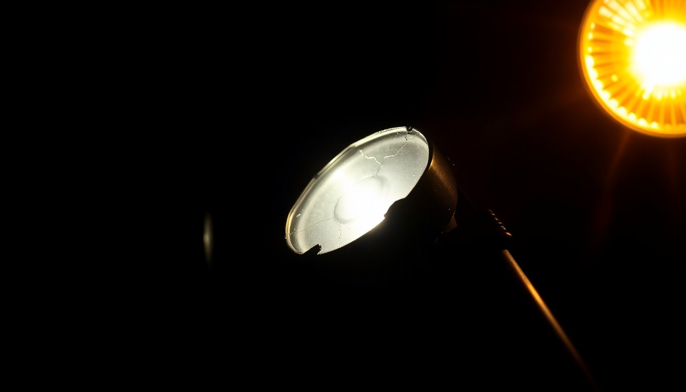 An extreme close-up of a damaged motorcycle part, such as a broken mirror or turn signal, reflecting a harsh, direct camera flash against a pitch-black background, conceptually illustrating the aftermath of a fatal motorcycle accident.