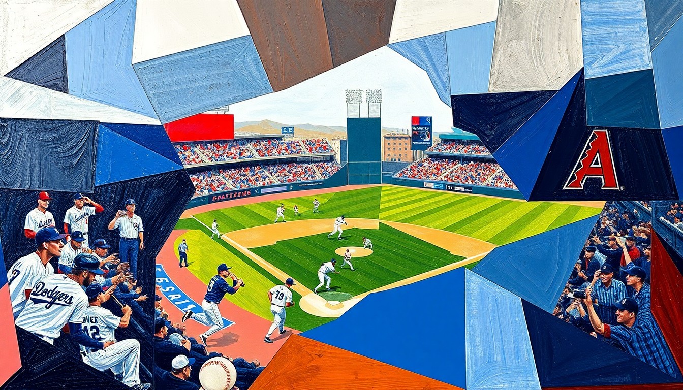 A cubist painting featuring overlapping geometric shapes in shades of blue, red, and neutral tones, representing the dynamic action and energy of a baseball game between the Dodgers and Diamondbacks.