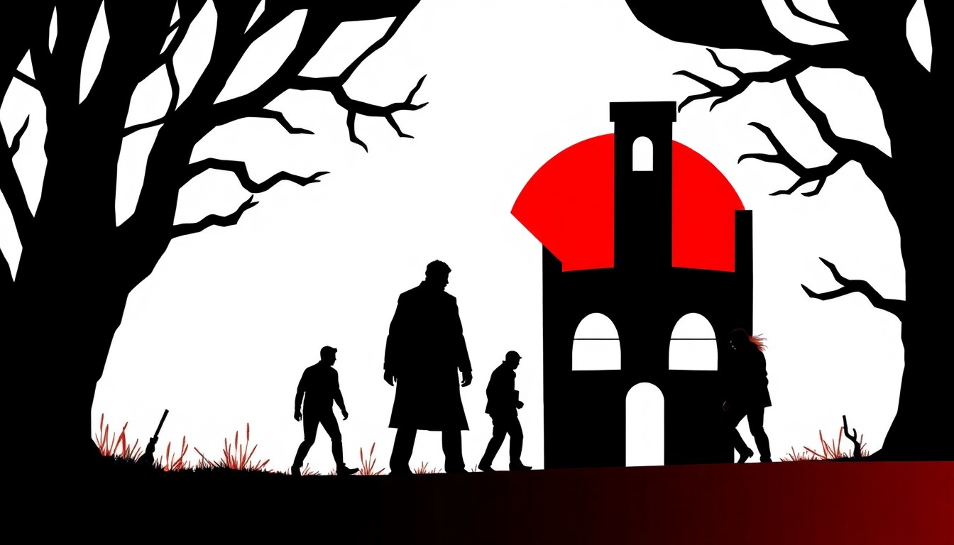 A striking abstract composition of jagged red and black geometric shapes, conceptually representing the themes of fear, isolation, and the illusion of safety from the film The Village.