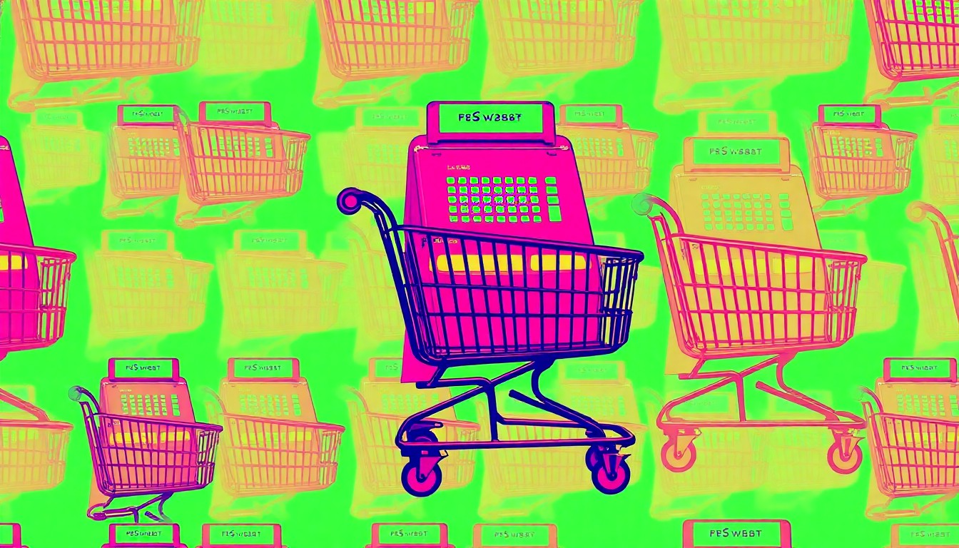 A high-contrast silkscreen print featuring a repeating pattern of a vintage cash register or old-fashioned shopping cart in vibrant neon colors, conceptually representing the excitement and deals of flea market shopping.