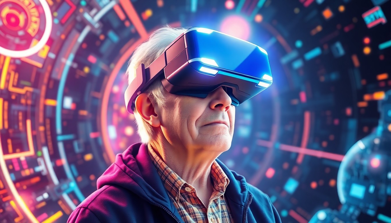 A highly detailed, glowing 3D illustration of a senior adult wearing a virtual reality headset, surrounded by a swirling array of neon-lit digital landscapes and cybernetic elements, conceptually representing the transformative power of immersive technology in enhancing the lives of older adults.