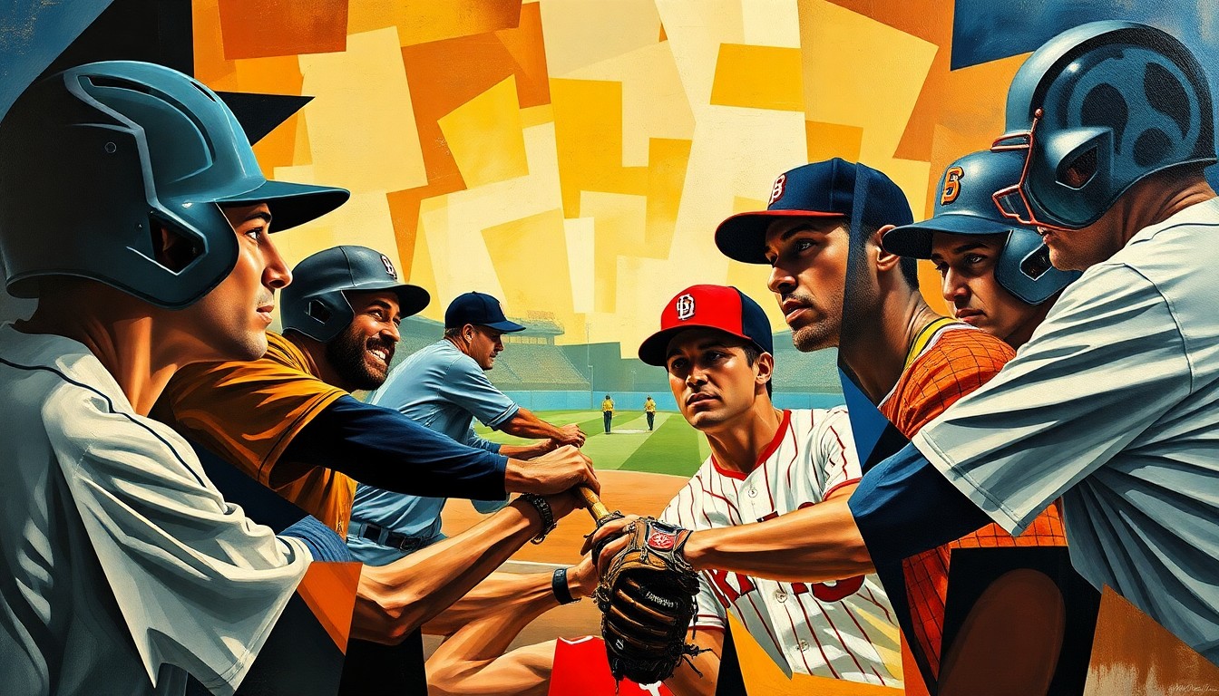 A fractured, multi-perspective painting in vibrant colors depicting the raw energy and competitive spirit of a baseball game, with players' faces and uniforms deconstructed into abstract geometric shapes.