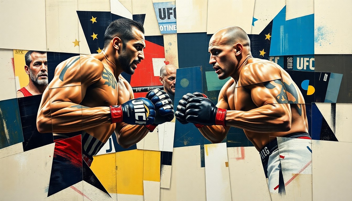 A cubist, geometric painting depicting the action and intensity of a UFC light heavyweight title fight, with the fighters' movements and techniques broken down into sharp, overlapping shapes and planes of color.