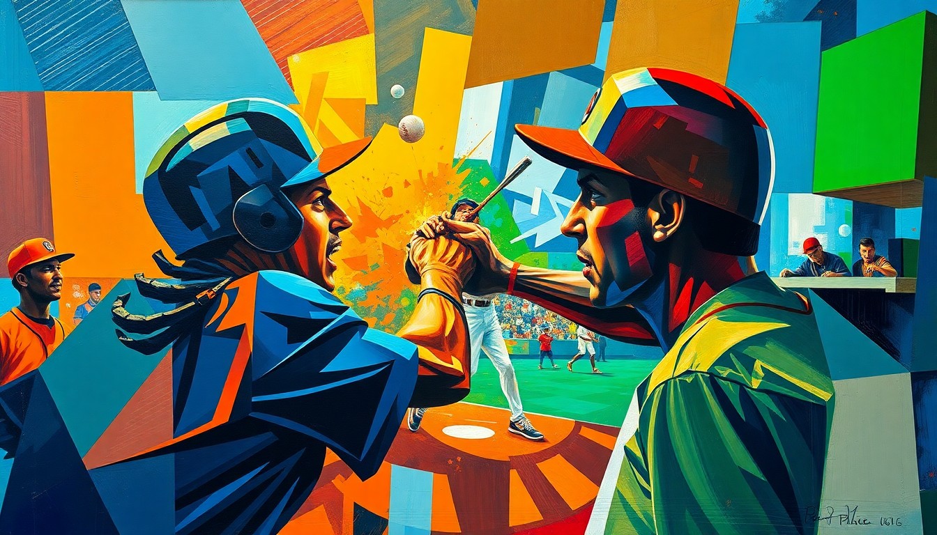 A cubist, geometric painting depicting a chaotic baseball brawl, with players' bodies and equipment fractured into sharp, overlapping planes of vivid colors.