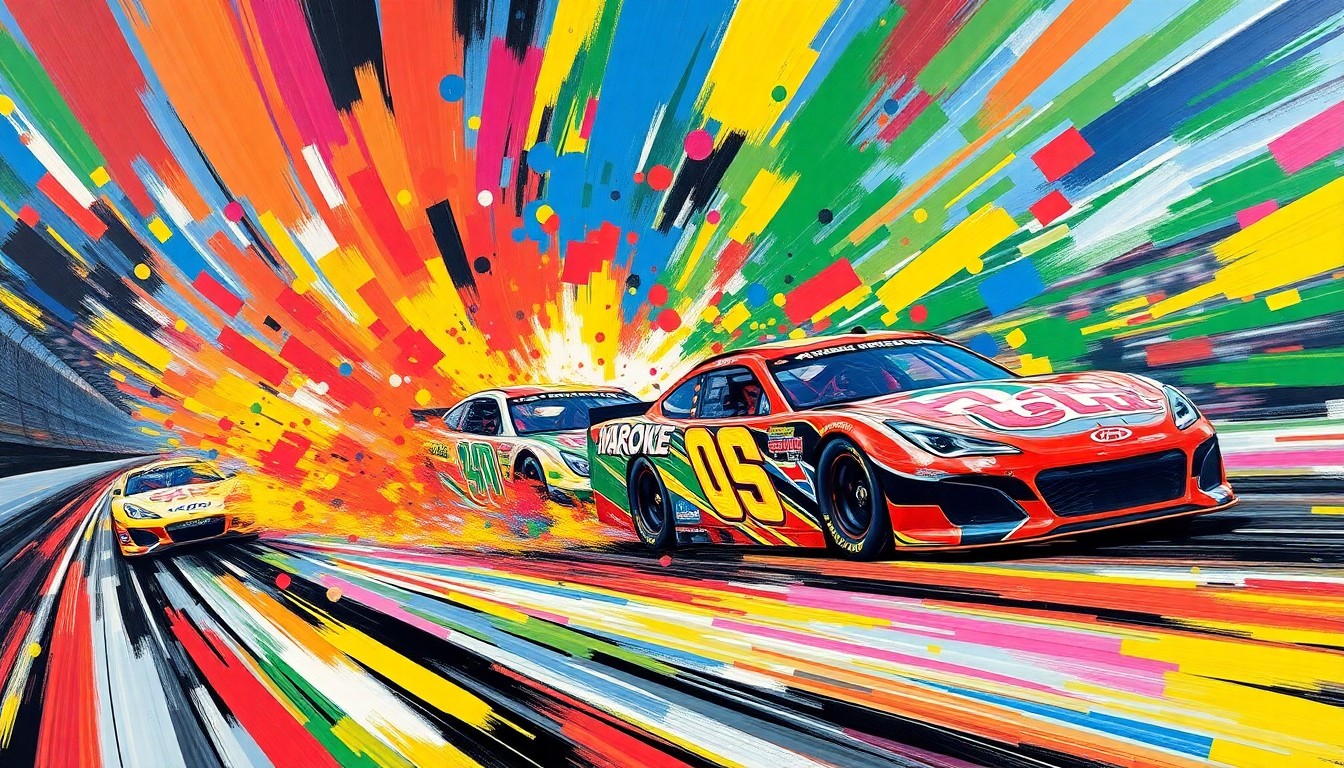 An abstract expressionist painting in vibrant neon colors, with rapid brushstrokes conveying the raw energy and movement of a NASCAR race.