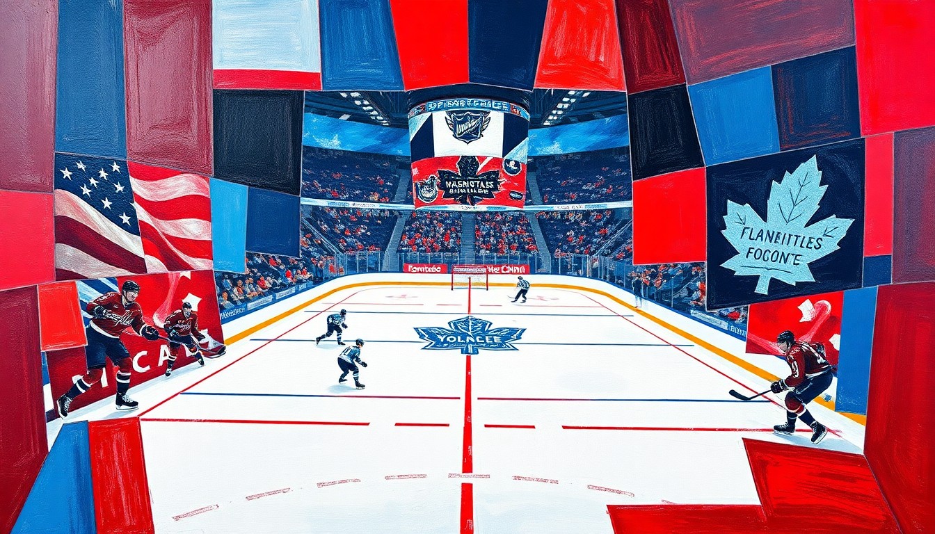 A cubist, geometric painting depicting a hockey game between the Washington Capitals and Toronto Maple Leafs, with sharp, overlapping planes of red, white, blue, and white representing the players and action on the ice.