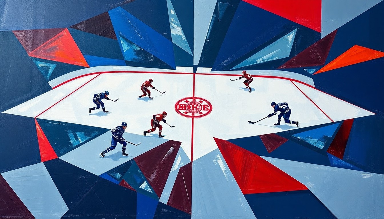 A cubist, geometric painting depicting the chaotic action of a hockey game, with players and the puck fragmented into sharp, overlapping shapes in a bold color scheme of navy, red, and silver.