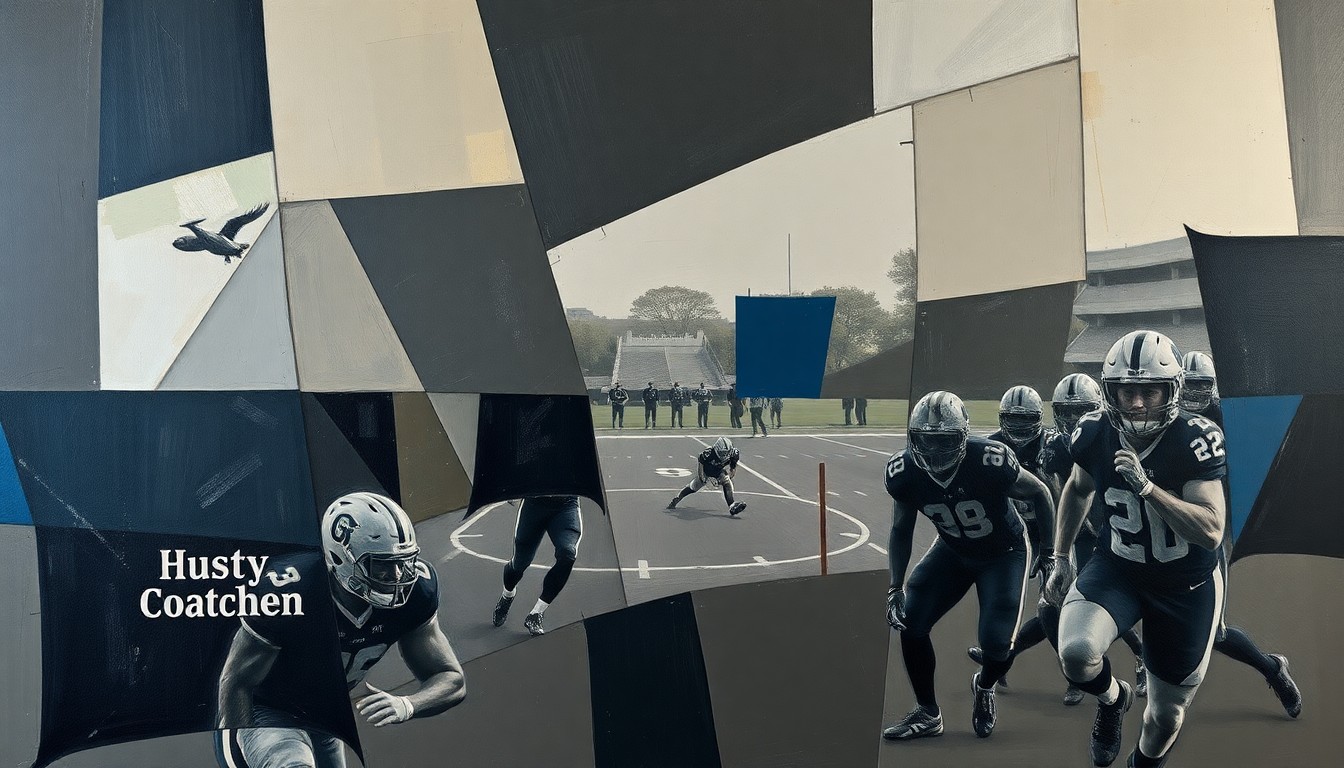 A cubist, geometric painting depicting a fragmented, multi-angled view of a football coaching scene, with sharp planes of dark colors representing the complex and fractured nature of the league's diversity challenges.