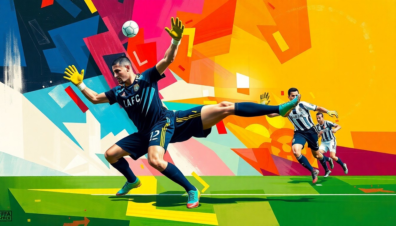 A fragmented, geometric painting depicting the movements and actions of a soccer goalkeeper, with vibrant colors representing the team uniforms. The artwork captures the strategic and disciplined nature of the goalkeeper's role in preserving a clean sheet.