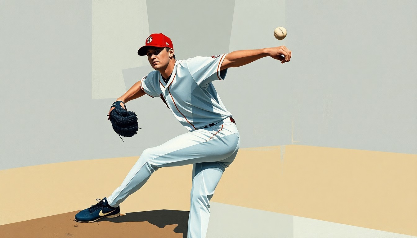 A fragmented, geometric painting depicting a baseball pitcher's throwing motion broken down into overlapping planes of muted colors, conceptually representing the delicate nature of pitcher rehabilitation.