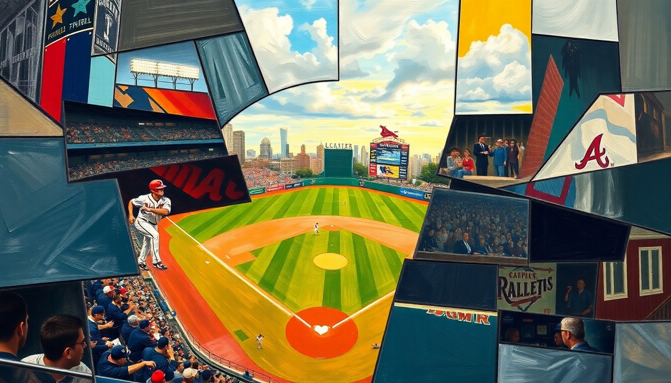 A fragmented, geometric painting depicting a baseball game between two teams, with the players and field broken down into sharp, overlapping shapes and planes of color, conveying the intensity and strategic complexity of the matchup.