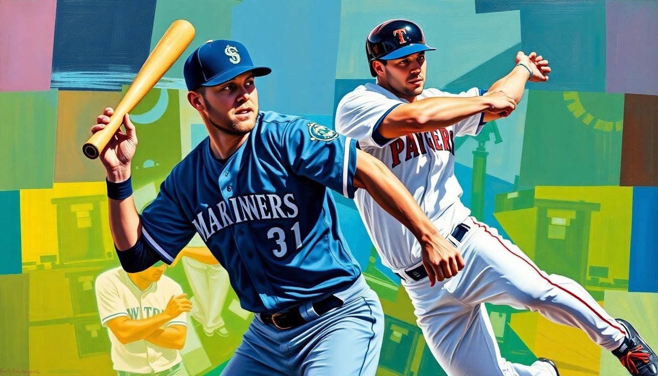 A fragmented, geometric painting depicting a baseball outfielder's defensive play, with sharp planes of color representing the Mariners and Rangers uniforms.