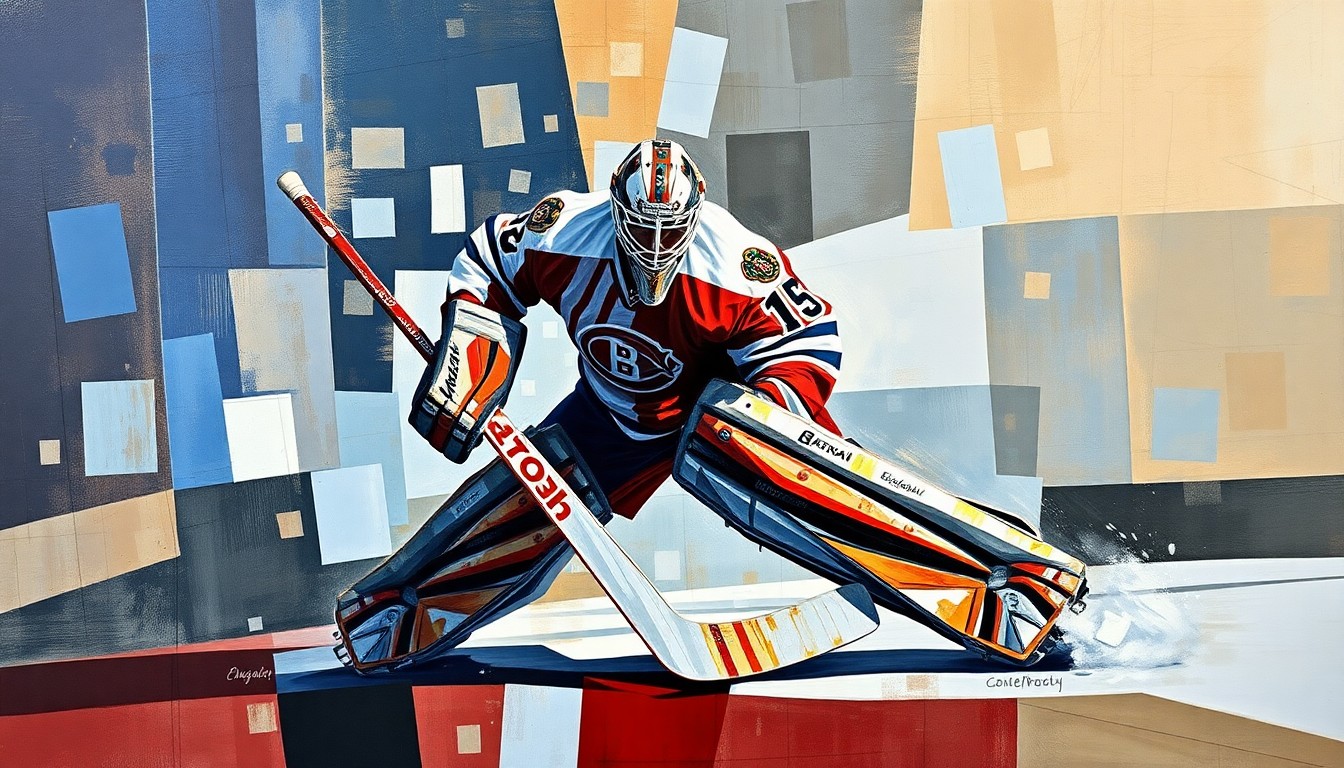 A cubist, geometric painting depicting a hockey goaltender in action, with their movements and equipment broken down into sharp, overlapping shapes and planes of color.