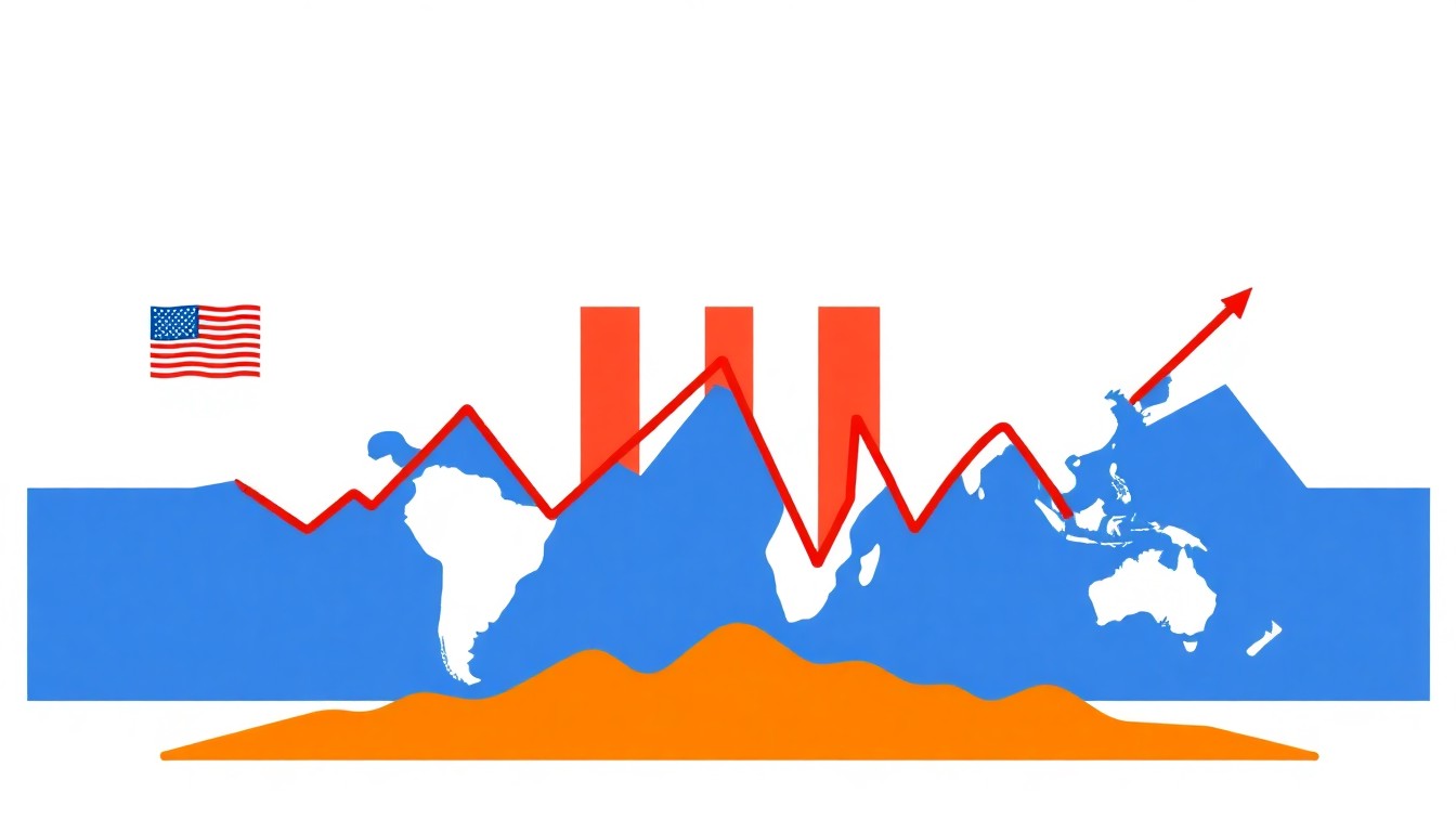 A minimalist, abstract illustration featuring bold geometric shapes in primary colors, conceptually representing the volatility and uncertainty in global financial markets caused by the proposed tariffs.