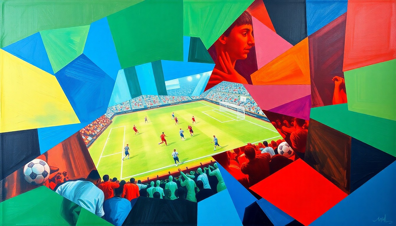 A cubist, geometric painting depicting a fragmented soccer match or competition, with sharp, overlapping planes of vibrant colors like royal blue, emerald green, and crimson red, conceptually representing the shifting national allegiances of top soccer players.