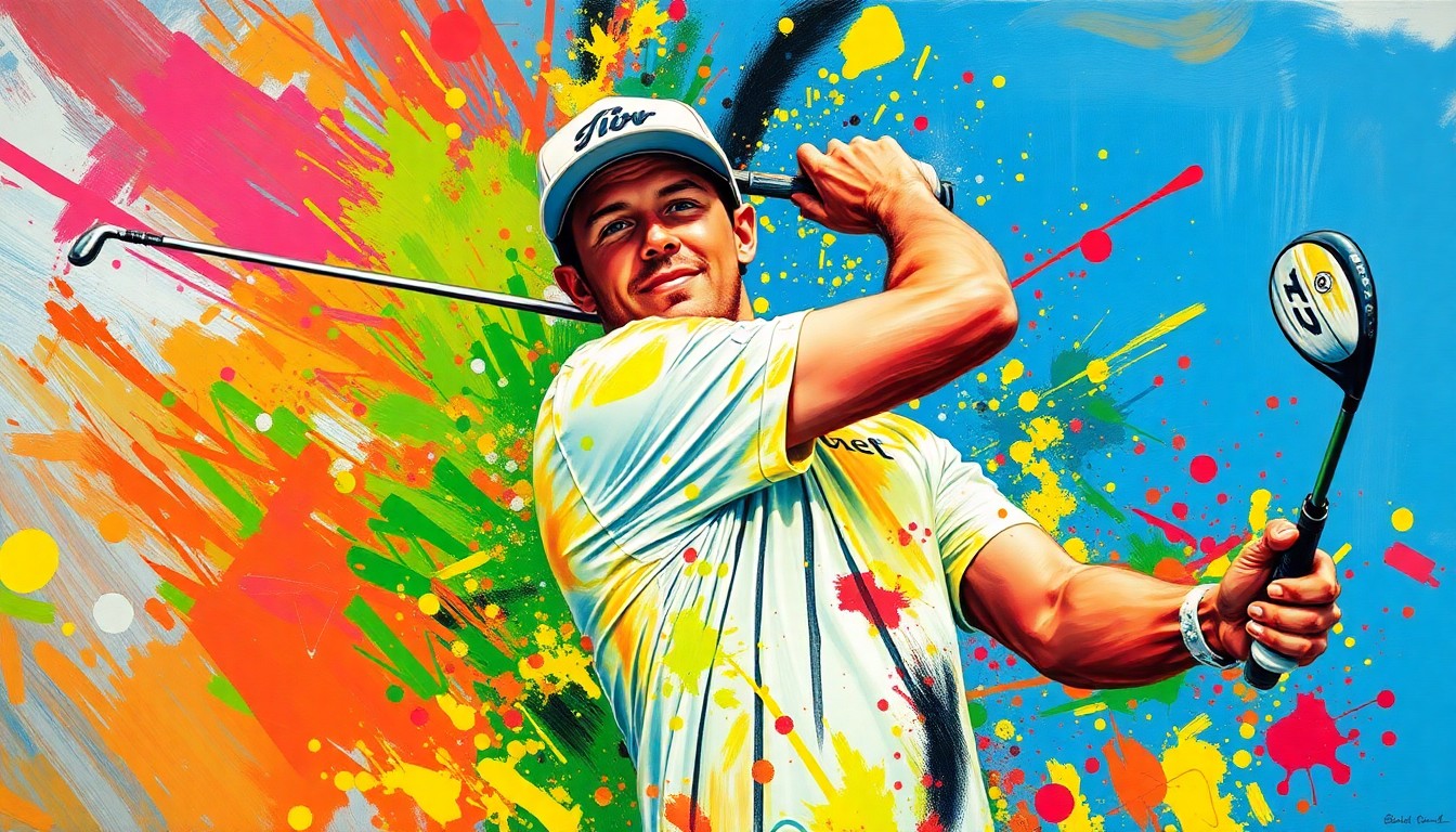 An abstract expressionist painting in vibrant neon colors, capturing the raw energy and movement of a golfer's swing, with the player's face and the golf course blending into a dynamic, unrecognizable composition.