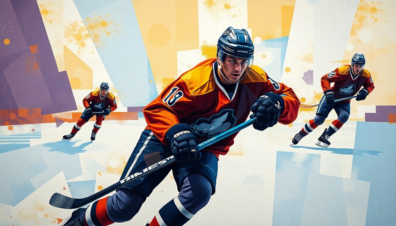 A fractured, geometric painting depicting the dynamic movements of a hockey player, with sharp, overlapping planes of color and form that capture the intensity and energy of the sport, without any identifiable features or text.