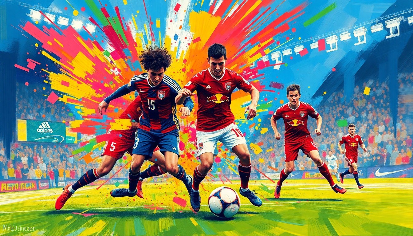 An abstract, expressionist painting in vibrant neon colors depicting the chaotic energy and scoring moments of a high-scoring MLS match, with players' faces and identities blurred into dynamic brushstrokes.